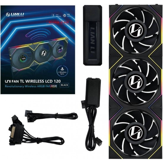 Lian Li UNI Fan TL LCD 120 Wireless, Triple Pack (Reverse Blade), 2.4 GHz Wireless Controller Included, Infinity Mirror Design, LCD Display, Controller required, Black  