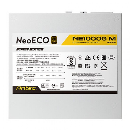 ANTEC NeoECO, NE1000G M ATX3.0 ,WHITE , 1000W Full Modular PSU, 80 Plus Gold Certified, PCIE 5.0 Support, PhaseWave Design, Japanese Caps, Zero RPM Manager, Silent 120mm Fan, 10-Year Warranty