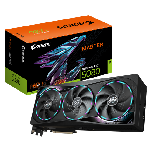AORUS GeForce RTX 5080 MASTER 16G – NVIDIA Blackwell, 16GB GDDR7 256-bit, 2805MHz Boost Clock, WINDFORCE Cooling with Hawk Fans, LCD Edge View, RGB Halo, Dual BIOS, Reinforced Structure, DLSS 4 Support
