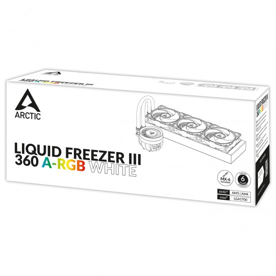 ARCTIC Liquid Freezer III 360 A-RGB - CPU AIO Water Cooler Water Cooling PC Intel AMD Efficient PWM-Controlled Pump Fan 200 2000 RPM LGA1851 and LGA1700 Contact Frame - White