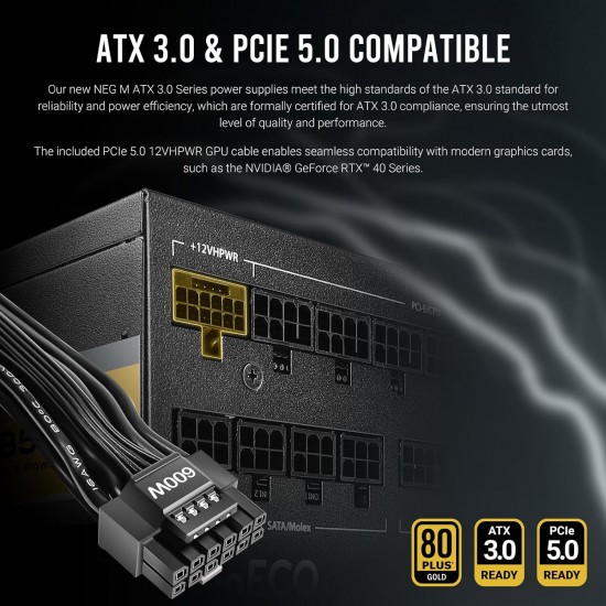 ANTEC NeoECO, NE1000G M ATX3.0, 1000W Full Modular PSU, 80 Plus Gold Certified, PCIE 5.0 Support, PhaseWave Design, Japanese Caps, Zero RPM Manager, Silent 120mm Fan