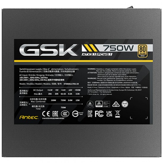 ANTEC GSK750 ATX3.1 750W 80 Plus Gold Fully Modular Power Supply ANTEC GSK750 ATX3.1 750W 80 Plus Gold Fully Modular Power Supply