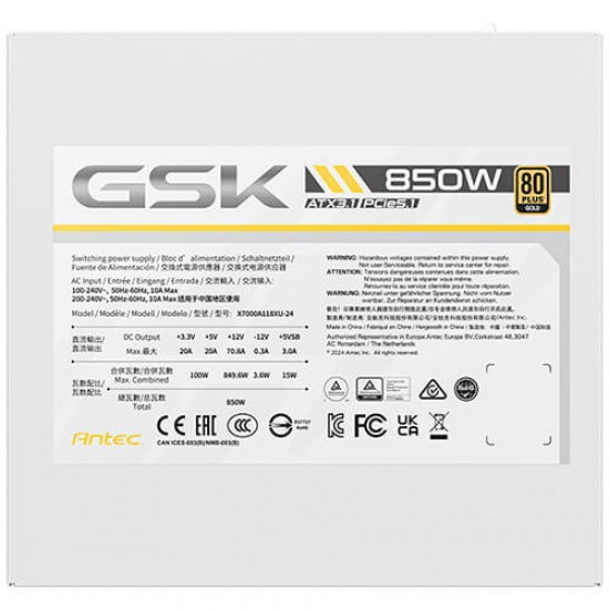 Power Supply Antec GSK GSK850 850W 80+ Gold Full Modular ATX3.1 White Power Supply Antec GSK GSK850 850W 80+ Gold Full Modular ATX3.1 White