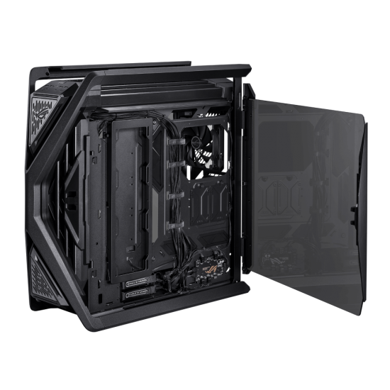 ASUS ROG Hyperion GR701 E-ATX computer case, 420 mm dual radiator support, four 140 mm fans, metal GPU holder, component storage, ARGB fan hub, 60W fast charging