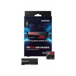 Samsung 990 PRO w/ Heatsink 4TB SSD NVMe M.2 – PCIe 4.0, up to 7,450 MB/s read, 6,900 MB/s write, 1.6M IOPS, V-NAND TLC, 4GB DDR4 cache, heatsink, 3-year warrant